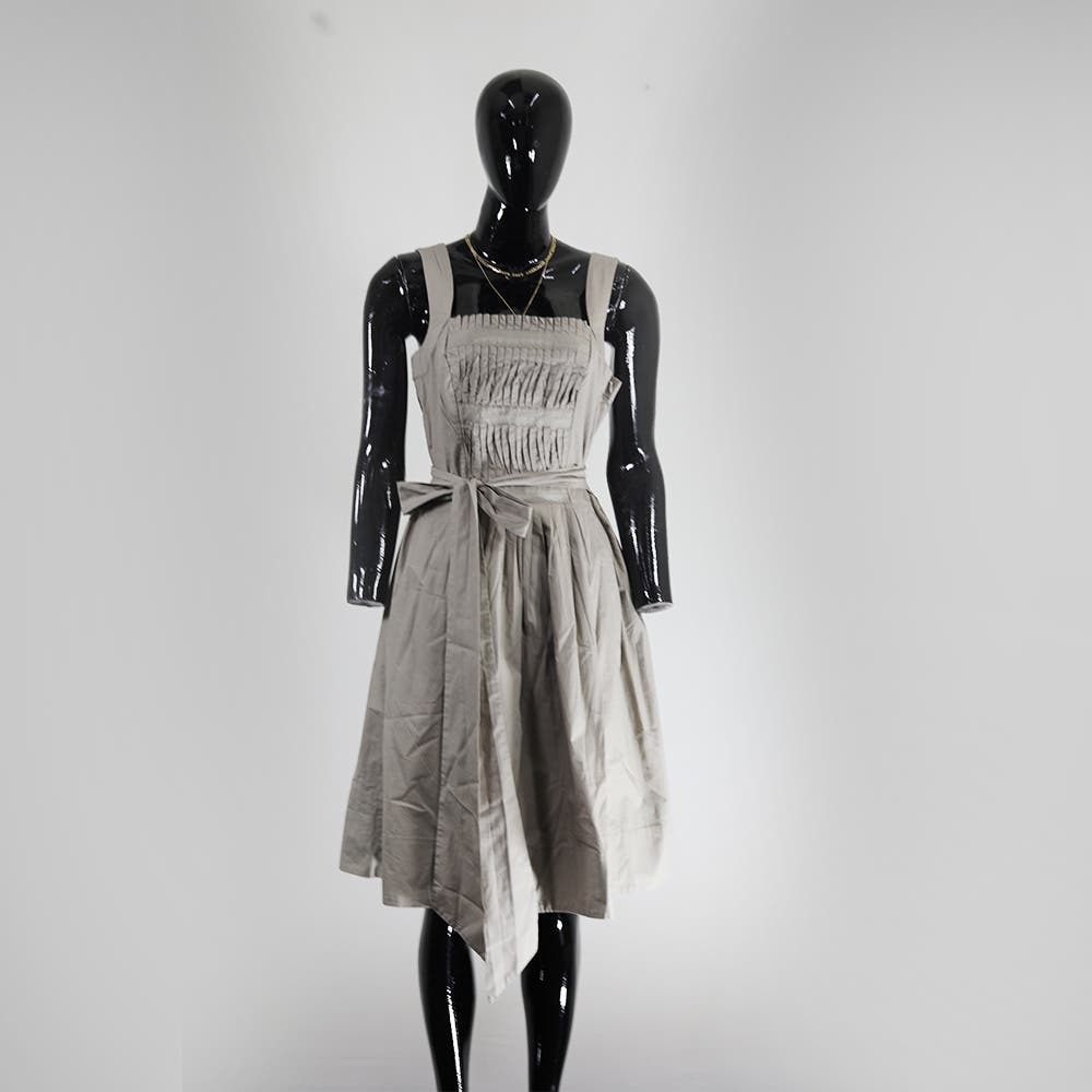 Zara Basic Beige Smocked Midi Dress with Tie Belt
